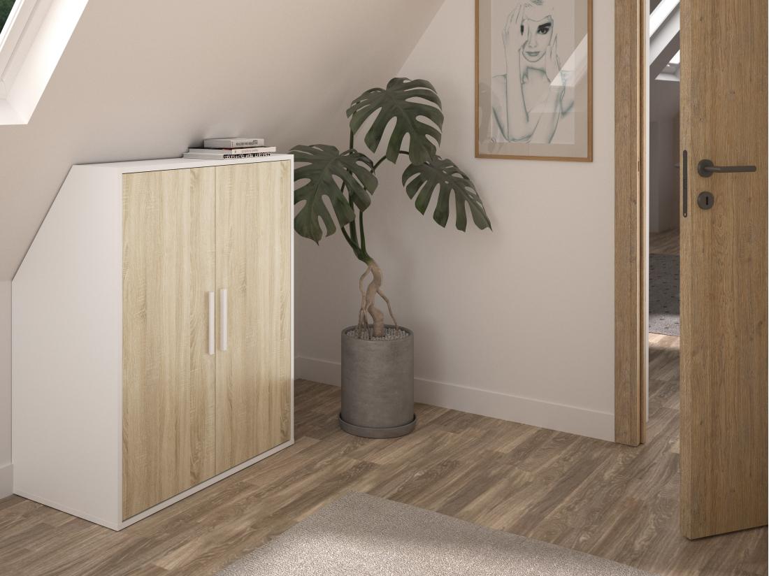 vente unique Armoire sous pente 2 portes - Blanc et naturel - ADEZIO