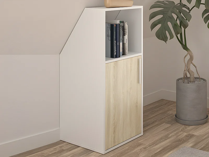 Mueble para techo abuhardillado 1 puerta y 1 estante - blanco y natural - ADEZIO