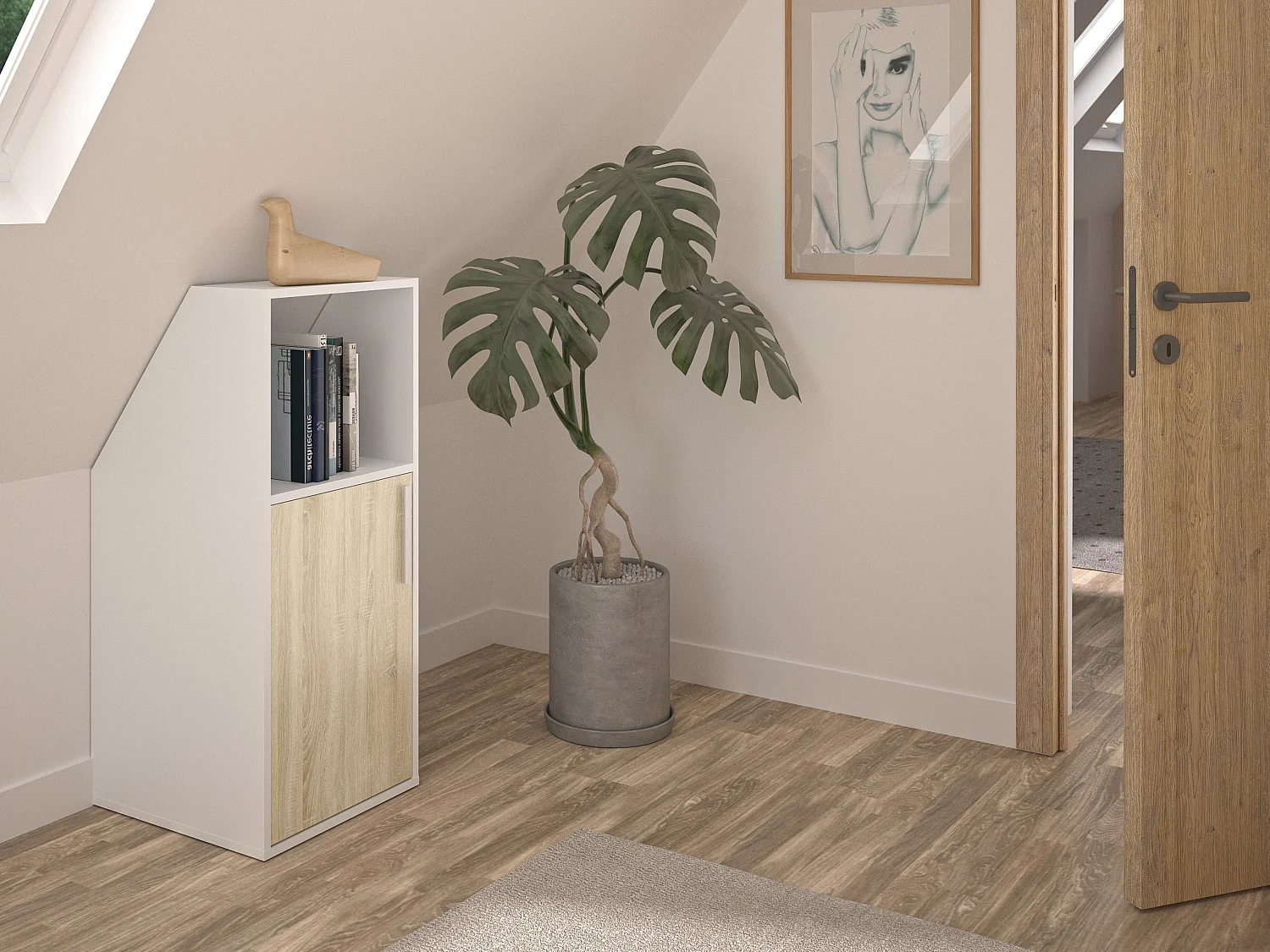 Meuble sous pente 1 porte et 1 niche - Blanc et naturel - ADEZIO