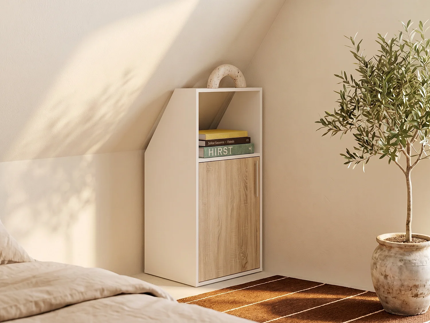 Under-eaves furniture with 1 door and 1 niche - White and natural - ADEZIO