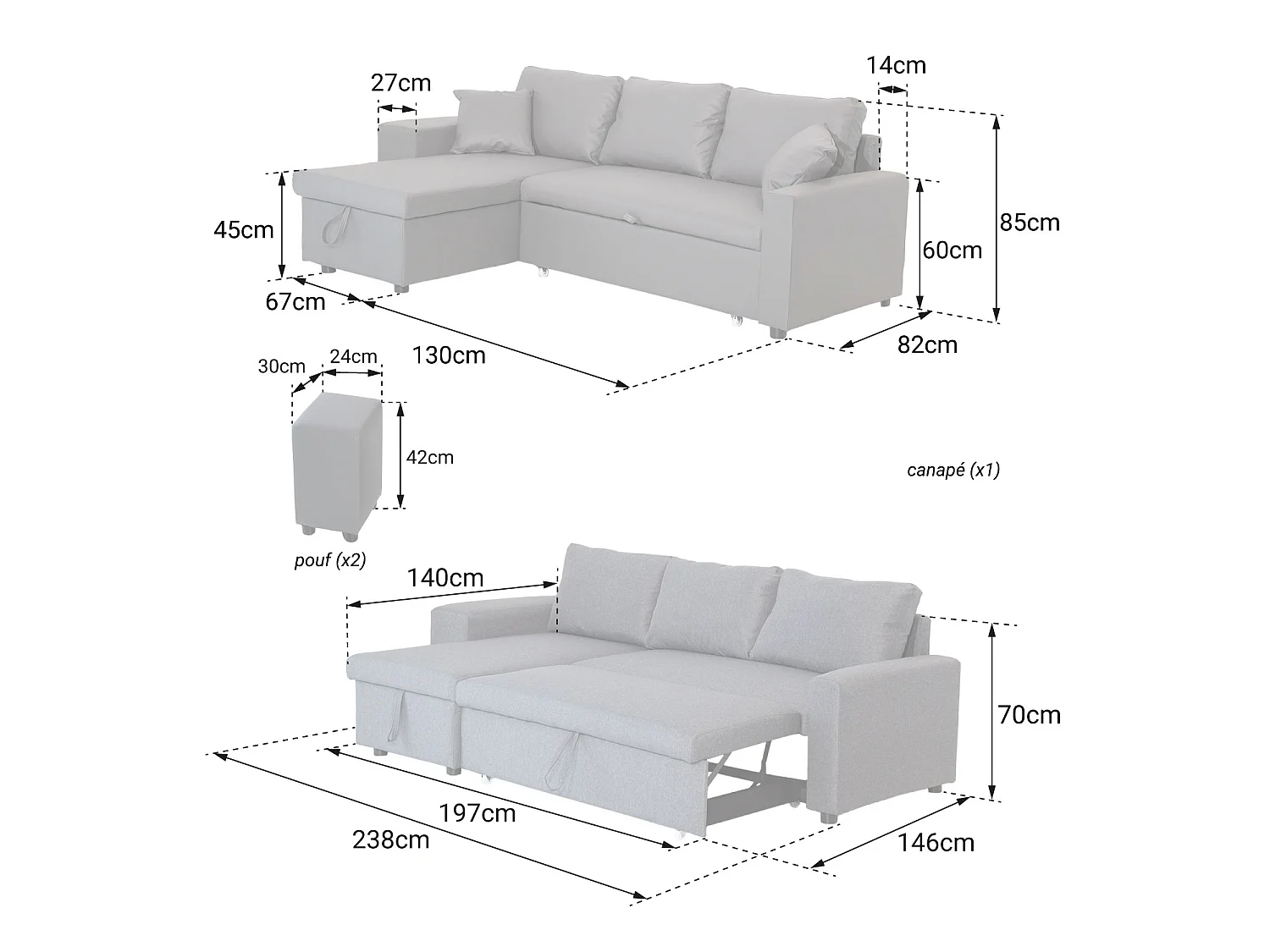 Canapé d'angle convertible 3 places en tissu noir TONY
