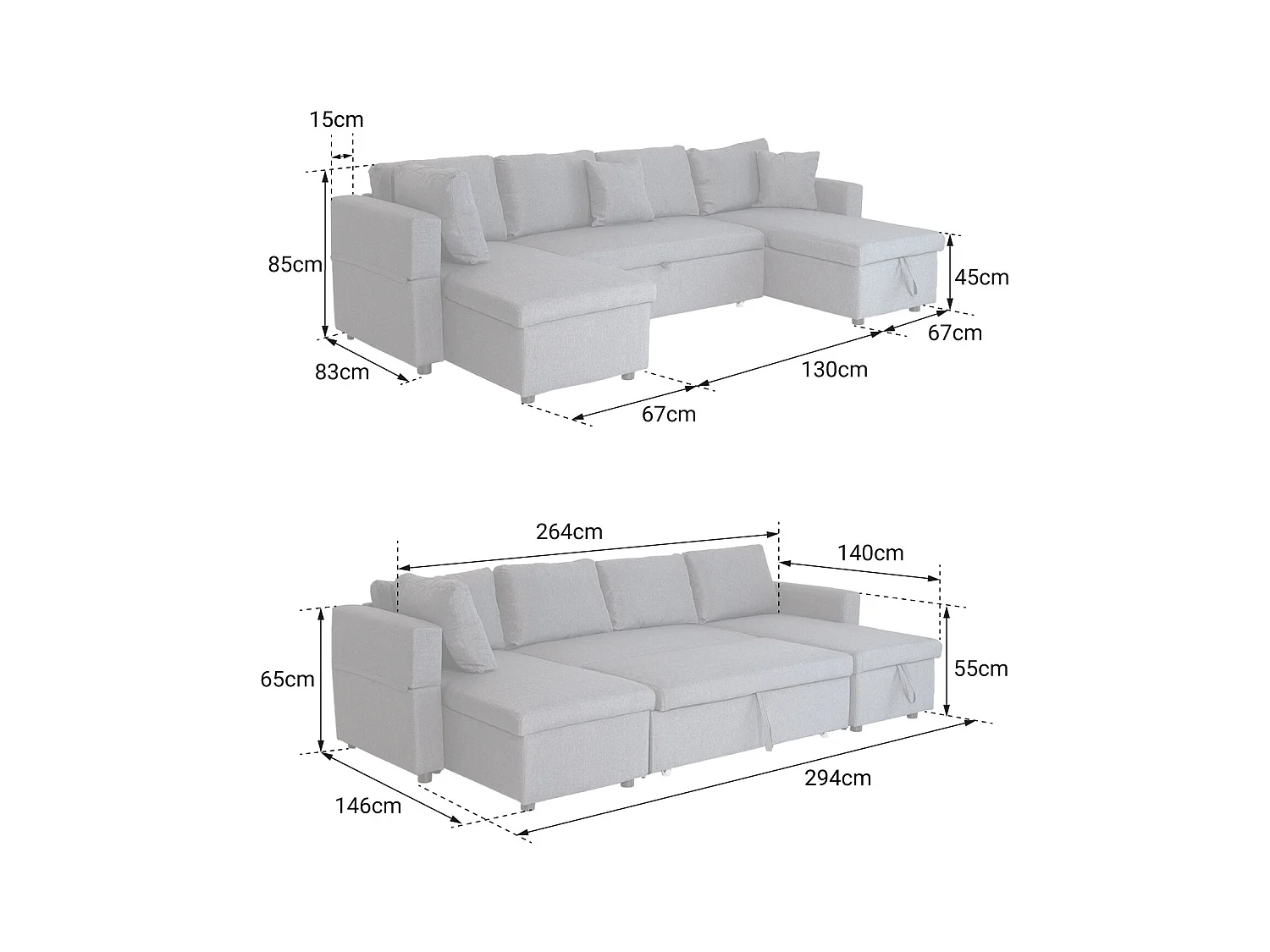 SCOTT Sofá-cama panorâmico de 4 lugares em preto