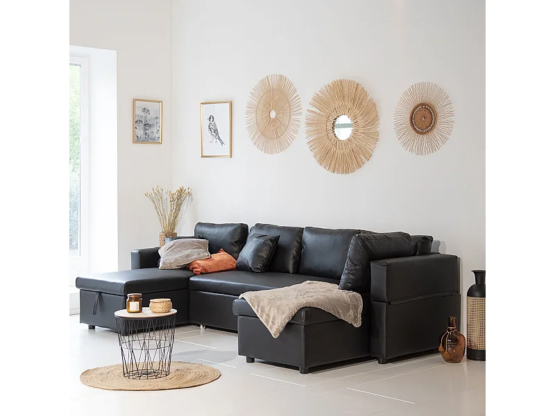 SCOTT Sofá-cama panorâmico de 4 lugares em preto