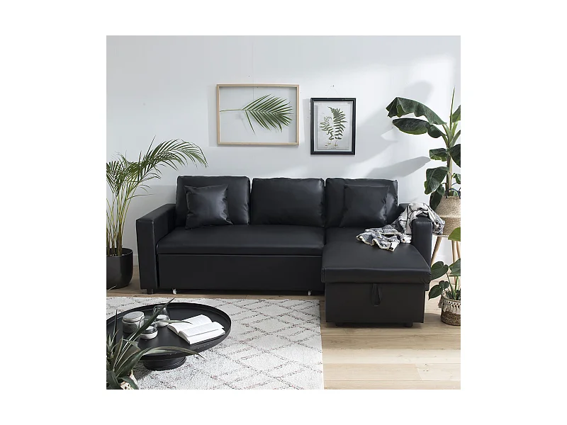 Ecksofa, ausziehbar, Kunstleder CLARK, 3-Sitzer, schwarz