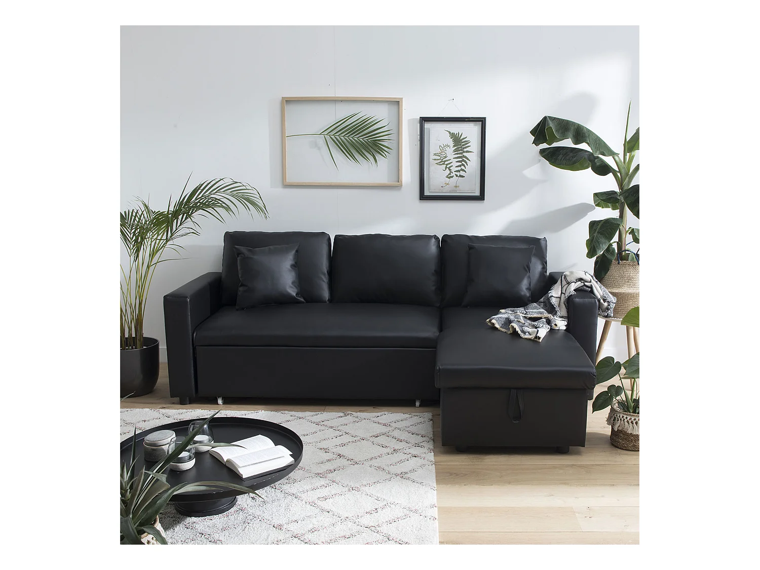 Canapé d'angle convertible simili CLARK 3 places noir - HAPPY GARDEN
