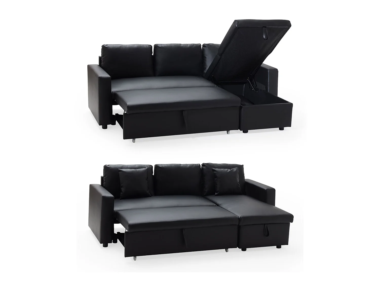 Ecksofa, ausziehbar, Kunstleder CLARK, 3-Sitzer, schwarz