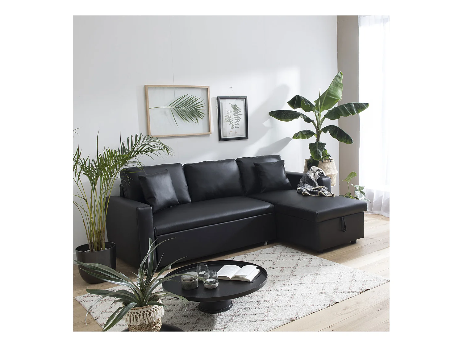 Ecksofa, ausziehbar, Kunstleder CLARK, 3-Sitzer, schwarz