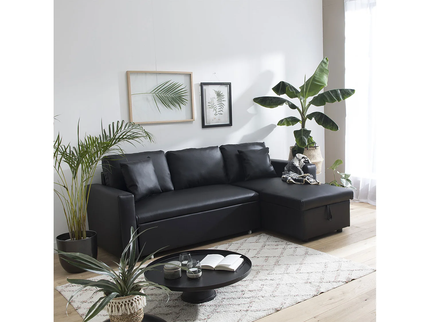 Sofá chaise longue cama 3 plazas de polipiel negro CLARK