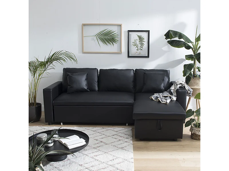 Ecksofa, ausziehbar, Kunstleder CLARK, 3-Sitzer, schwarz