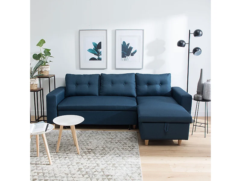 WADE Sofá cama azul de canto de 3 lugares