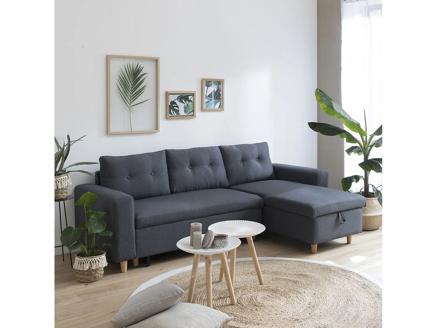 Canapé d'angle convertible WADE 3 places gris chiné - HAPPY GARDEN