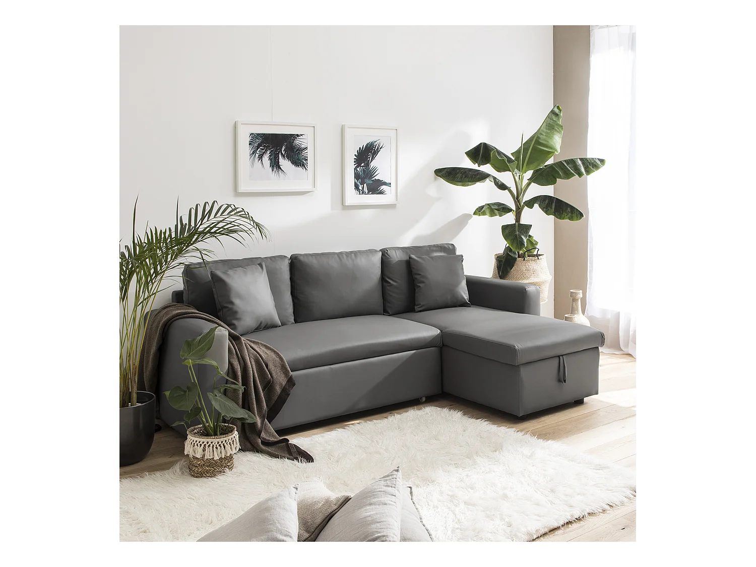 Canapé d'angle convertible simili CLARK 3 places gris - HAPPY GARDEN