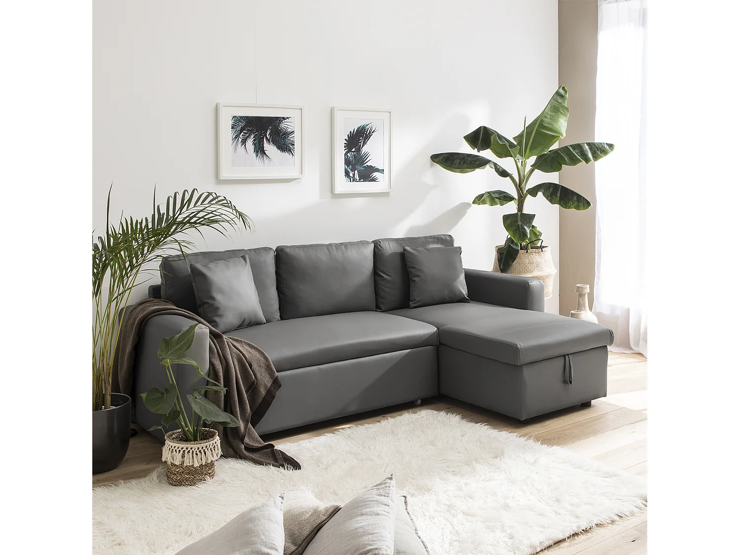 Canapé d'angle convertible simili CLARK 3 places gris - HAPPY GARDEN