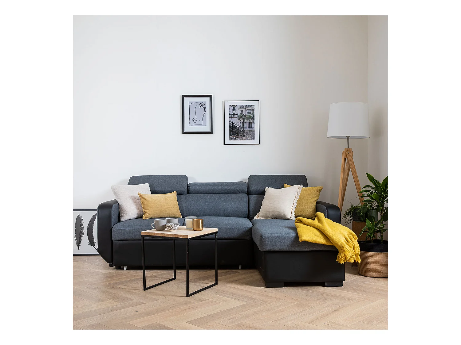 Canapé d'angle convertible WARREN 3 places gris chiné et noir - HAPPY GARDEN