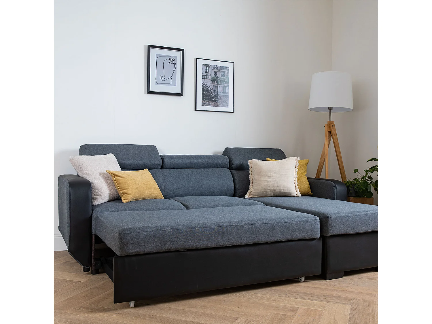 Canapé d'angle convertible WARREN 3 places gris chiné et noir - HAPPY GARDEN