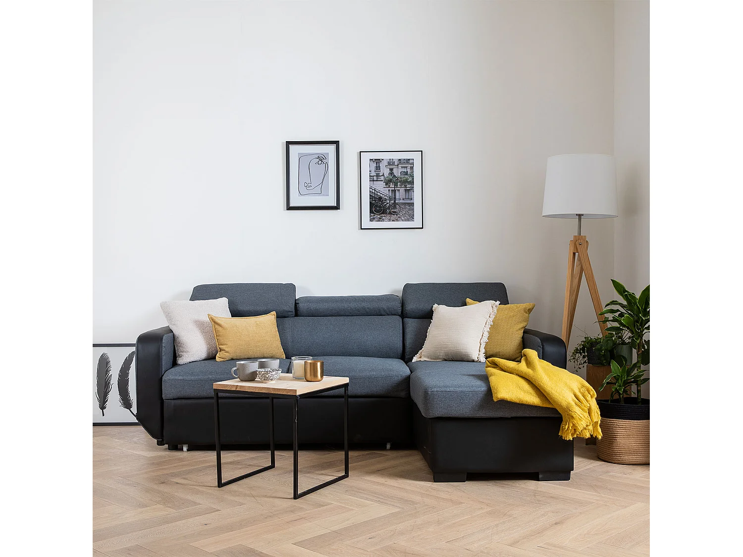 Sofá chaise longue cama 3 plazas gris y negro WARREN