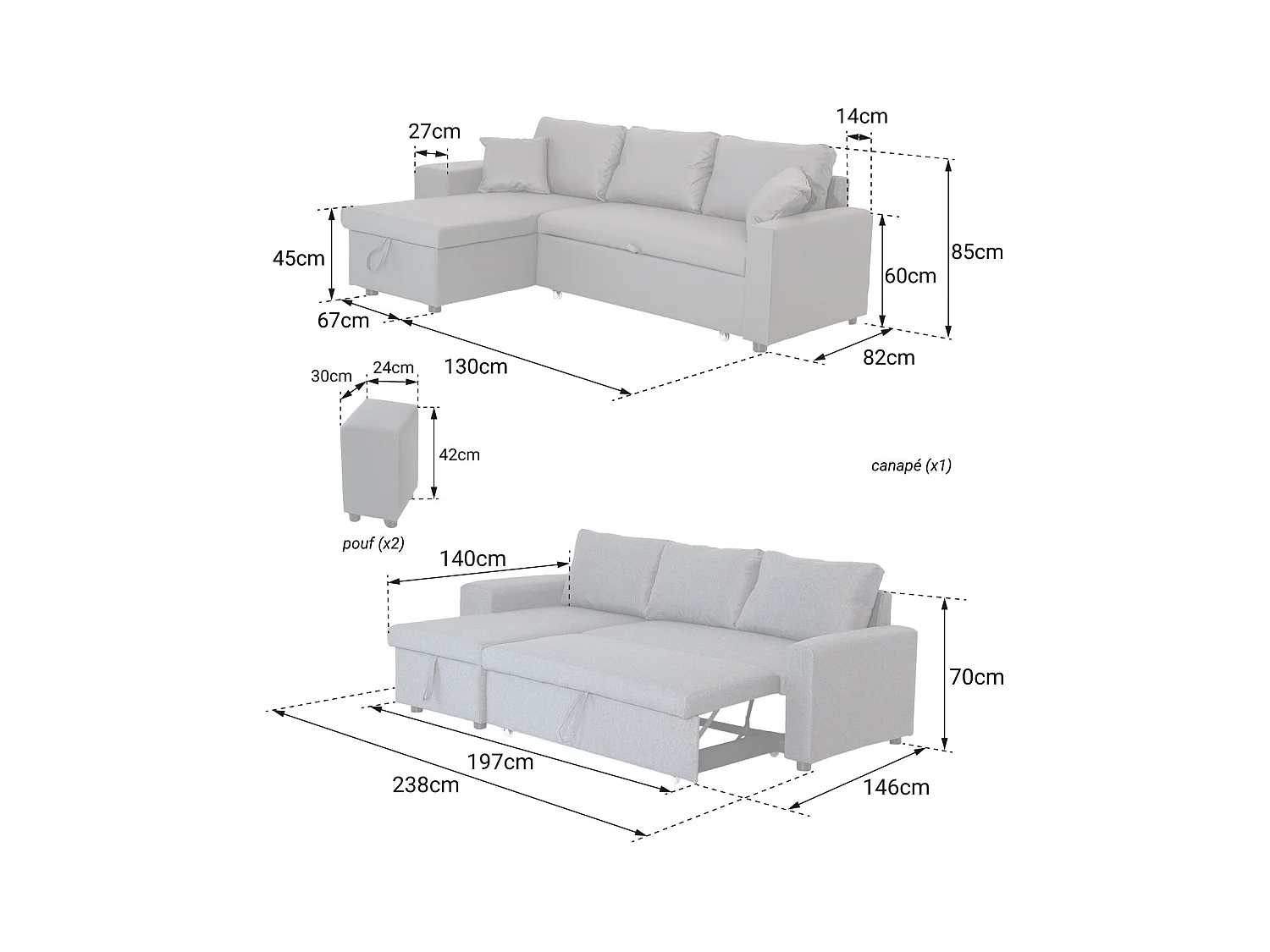 Canapé d'angle convertible TONY 3 places gris - HAPPY GARDEN