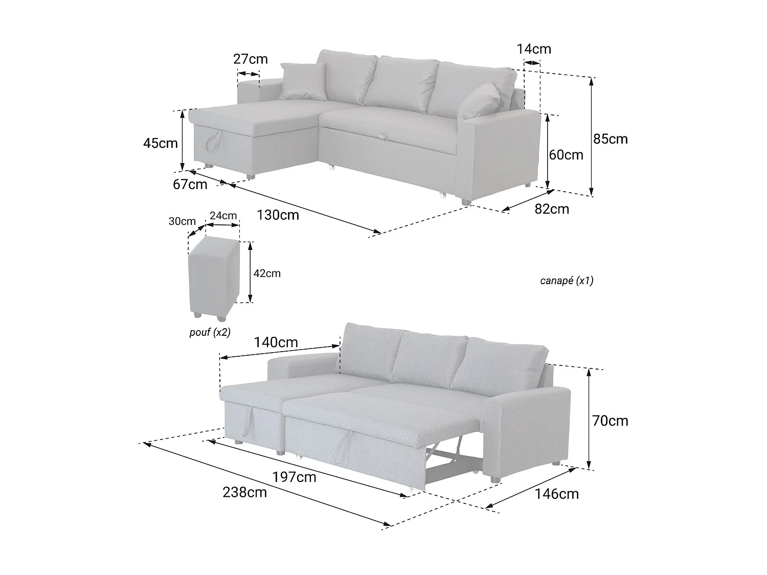Canapé d'angle convertible TONY 3 places gris - HAPPY GARDEN