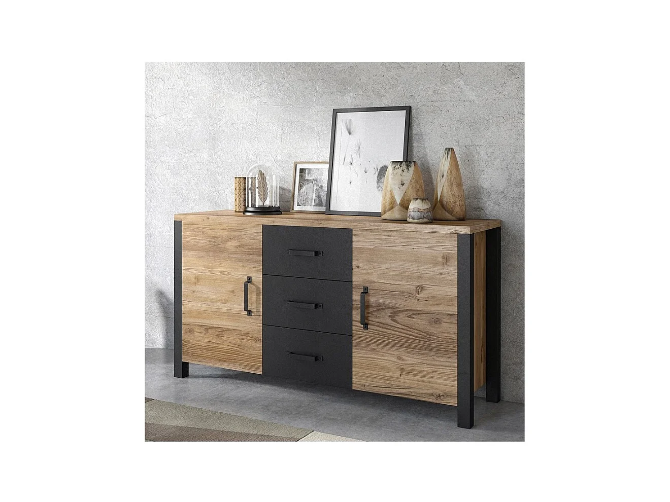 Buffet 150cm coleção DARWIN. Cor pinho e preto. 2 portas e 3 gavetas.