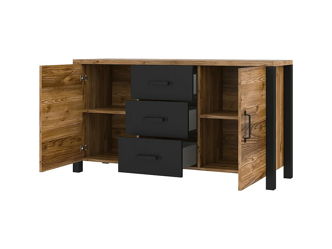 Buffet 150cm coleção DARWIN. Cor pinho e preto. 2 portas e 3 gavetas.