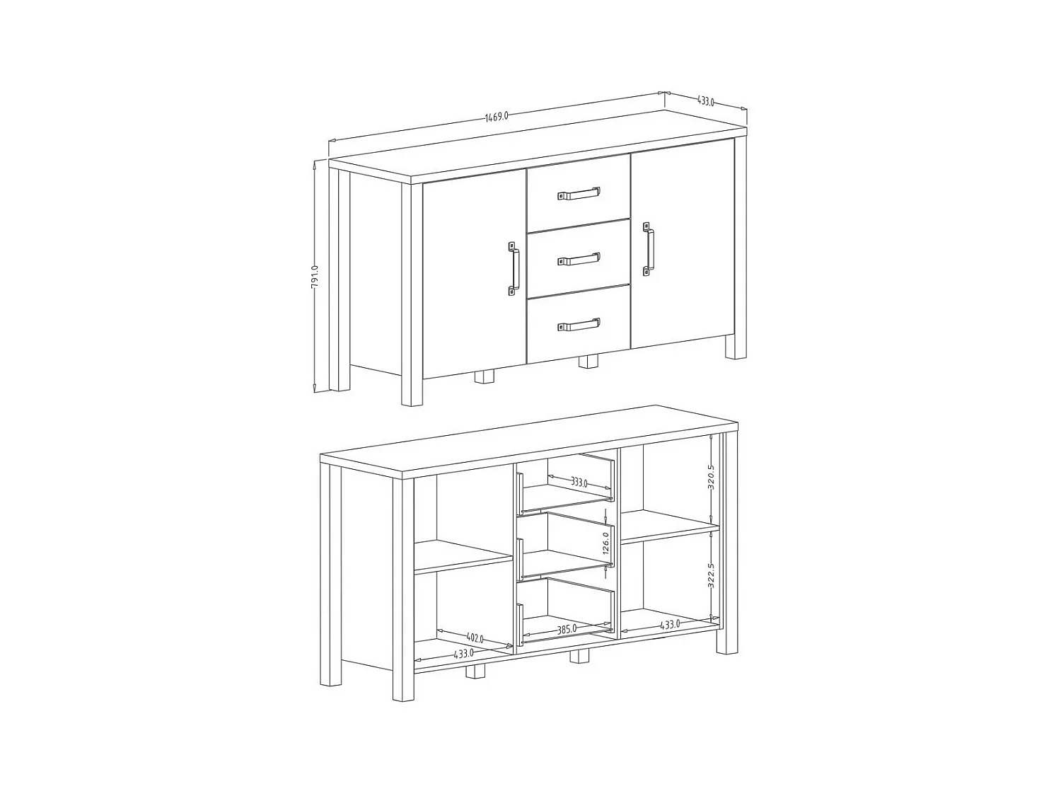 Buffet 150cm coleção DARWIN. Cor pinho e preto. 2 portas e 3 gavetas.