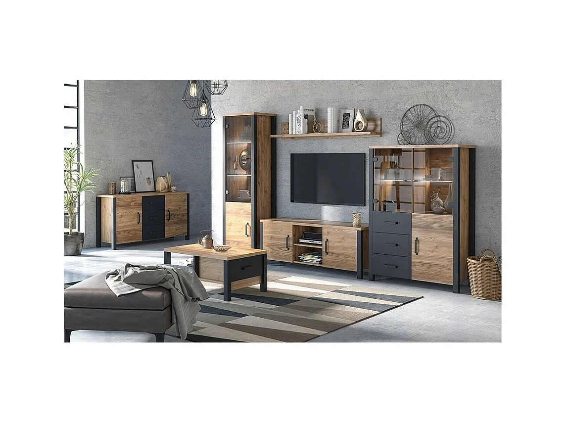 Buffet 150cm coleção DARWIN. Cor pinho e preto. 2 portas e 3 gavetas.