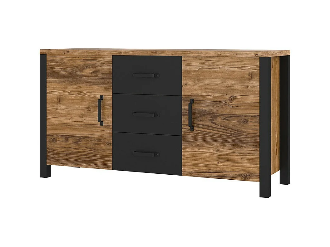 Buffet 150cm collection DARWIN. Couleur épicéa et noir. 2 portes et 3 tiroirs