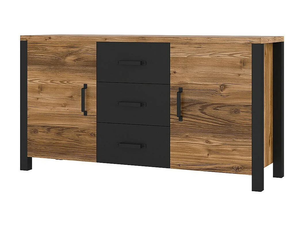 Sideboard 150cm Kollektion DARWIN. Farbe Fichtenholz und Schwarz. 2 Türen und 3 Schubladen.