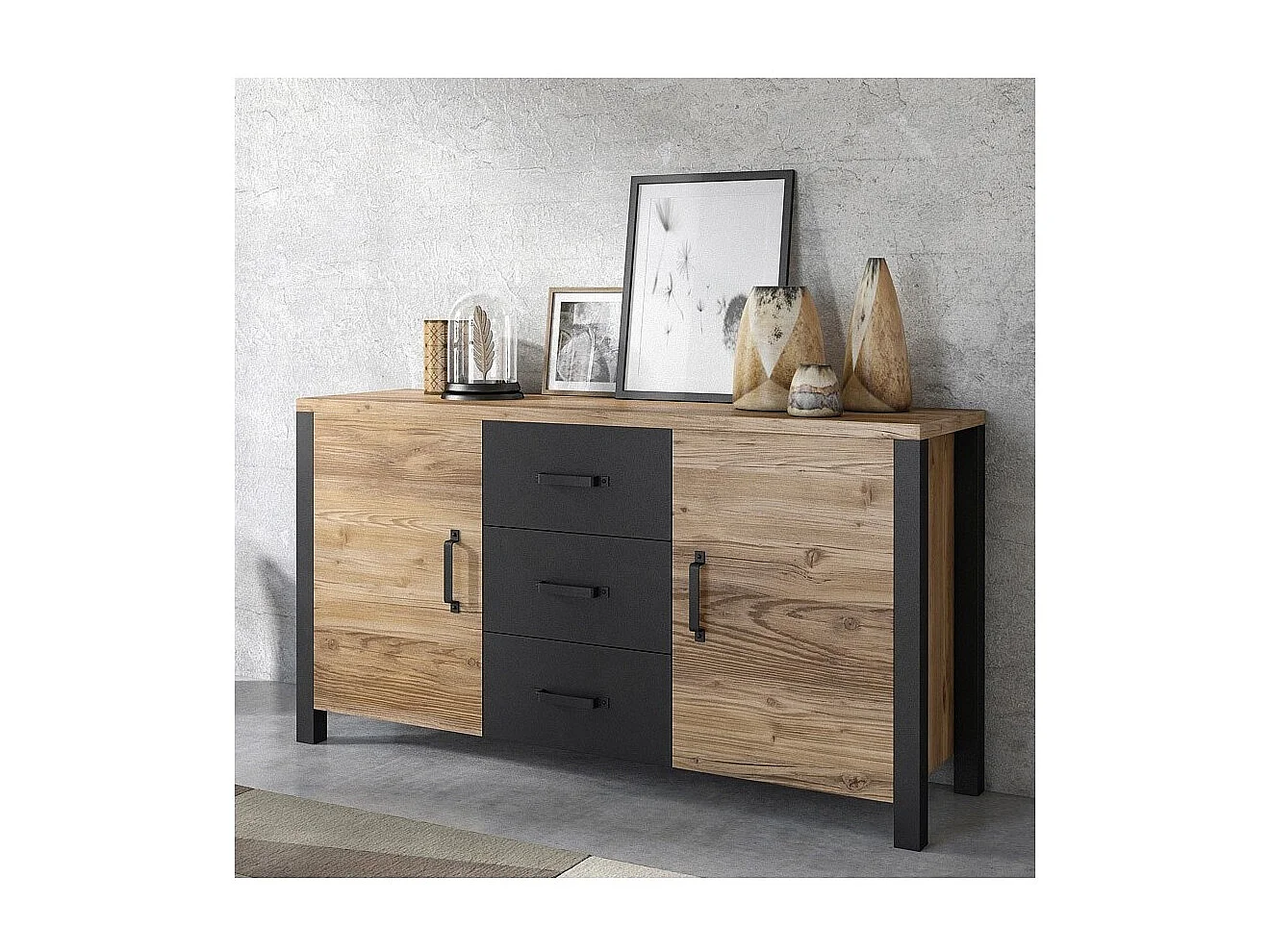 Sideboard 150cm Kollektion DARWIN. Farbe Fichtenholz und Schwarz. 2 Türen und 3 Schubladen.