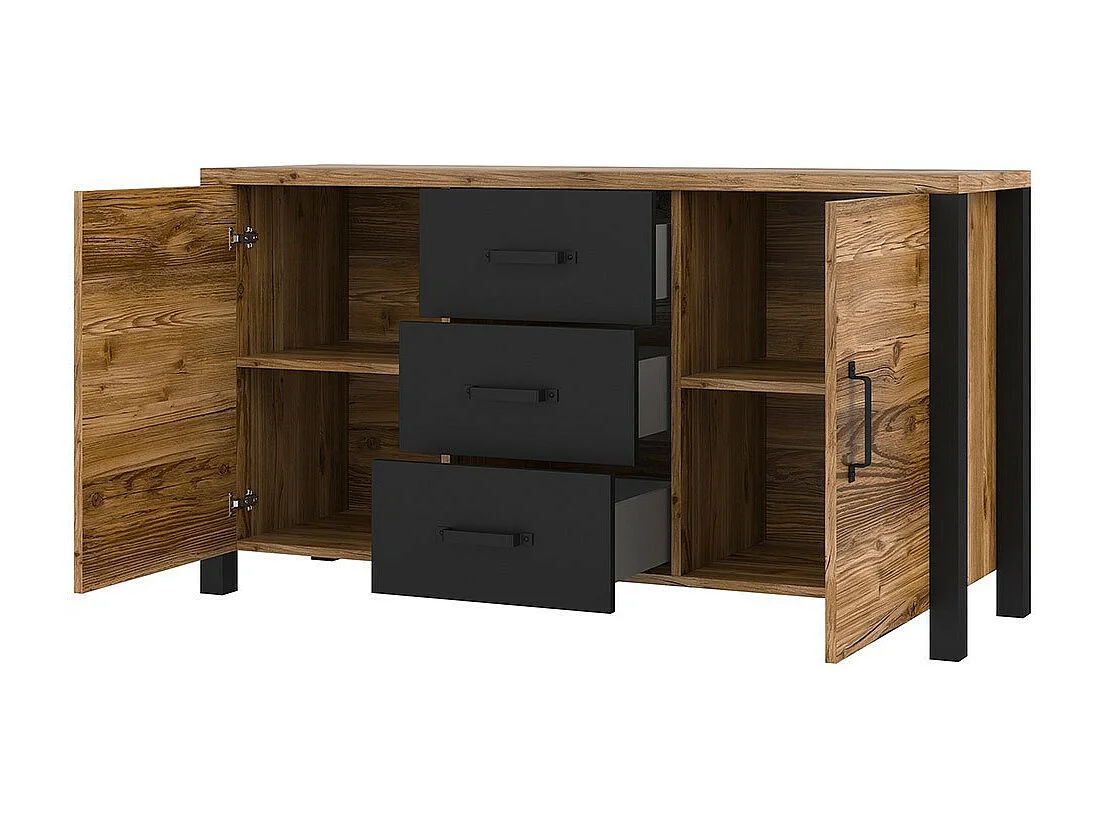Sideboard 150cm Kollektion DARWIN. Farbe Fichtenholz und Schwarz. 2 Türen und 3 Schubladen.