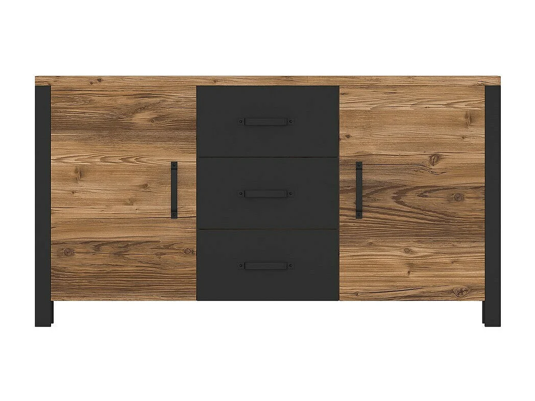 Sideboard 150cm Kollektion DARWIN. Farbe Fichtenholz und Schwarz. 2 Türen und 3 Schubladen.