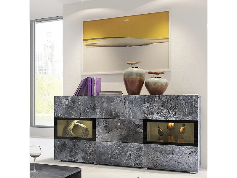 Buffet 2 ante e 3 cassetti collezione RAMOS. Illuminazione LED integrata. Colore grigio effetto ardesia e nero.