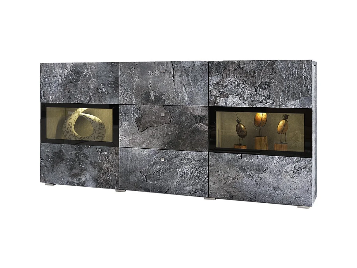 Buffet 2 ante e 3 cassetti collezione RAMOS. Illuminazione LED integrata. Colore grigio effetto ardesia e nero.