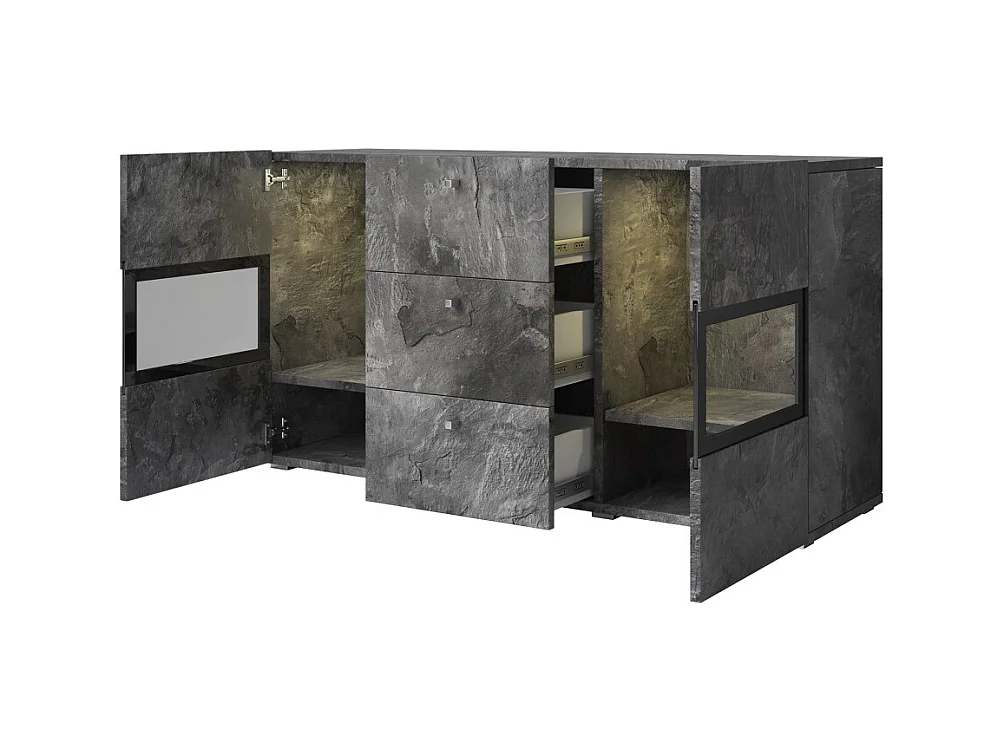 Buffet 2 ante e 3 cassetti collezione RAMOS. Illuminazione LED integrata. Colore grigio effetto ardesia e nero.