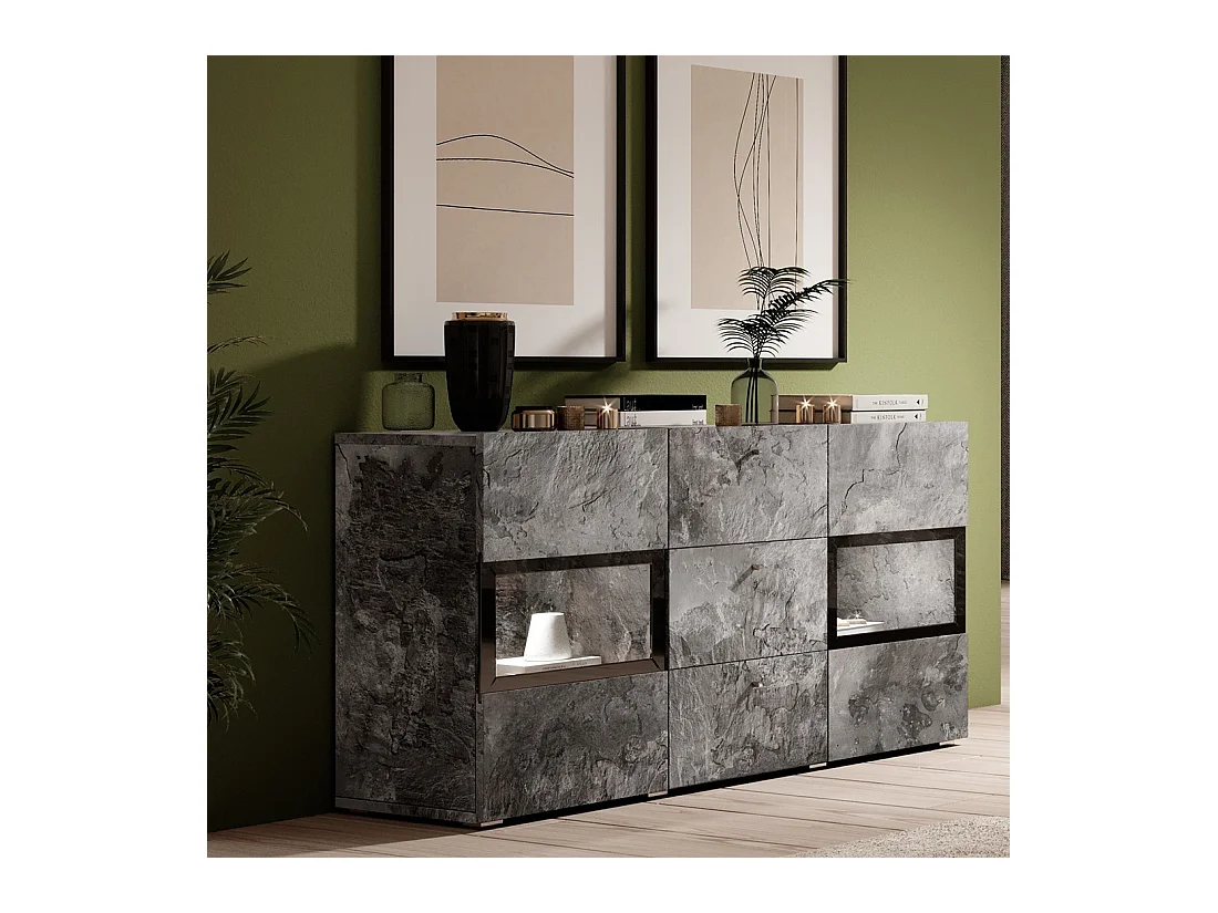 Buffet 2 ante e 3 cassetti collezione RAMOS. Illuminazione LED integrata. Colore grigio effetto ardesia e nero.