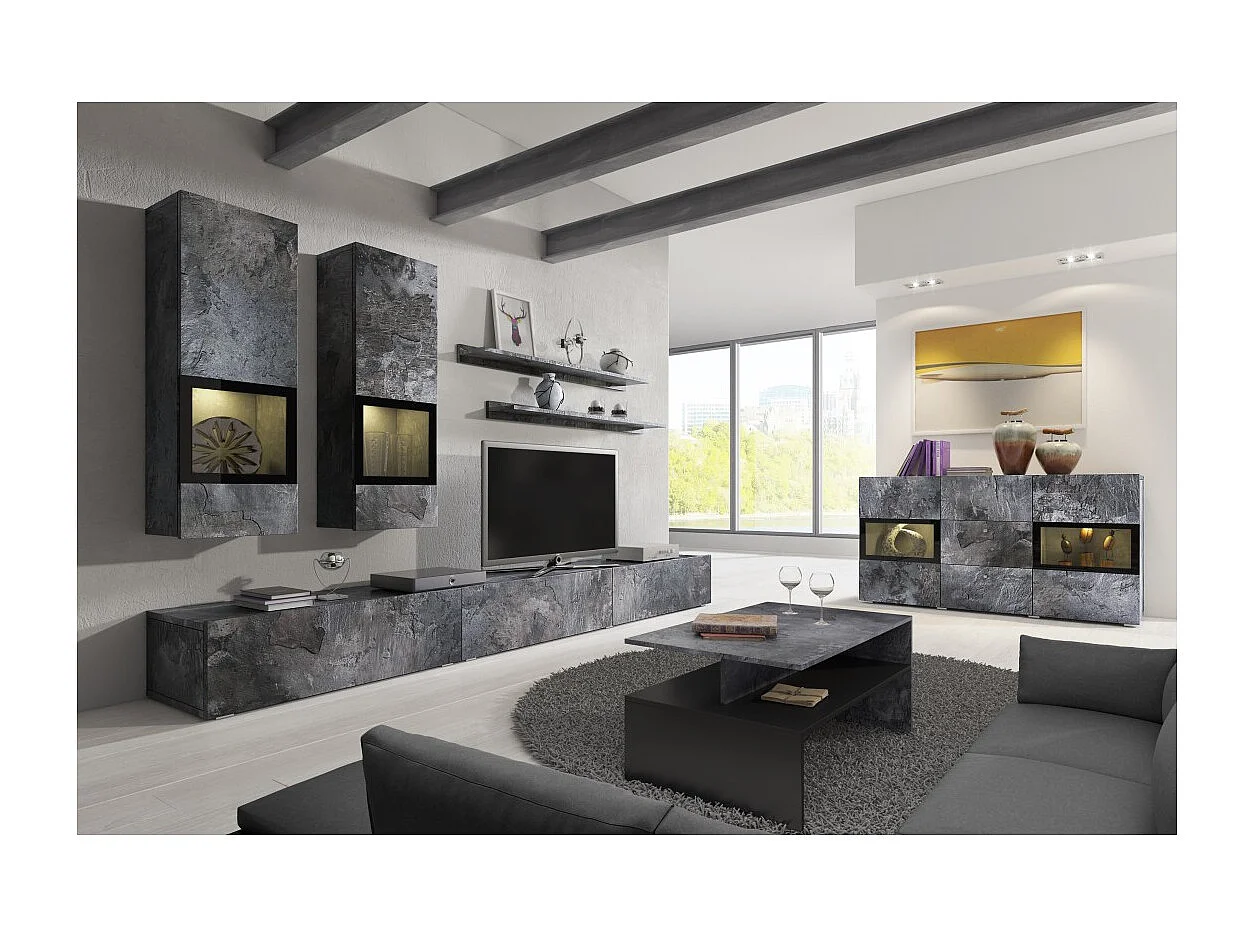 Buffet 2 ante e 3 cassetti collezione RAMOS. Illuminazione LED integrata. Colore grigio effetto ardesia e nero.