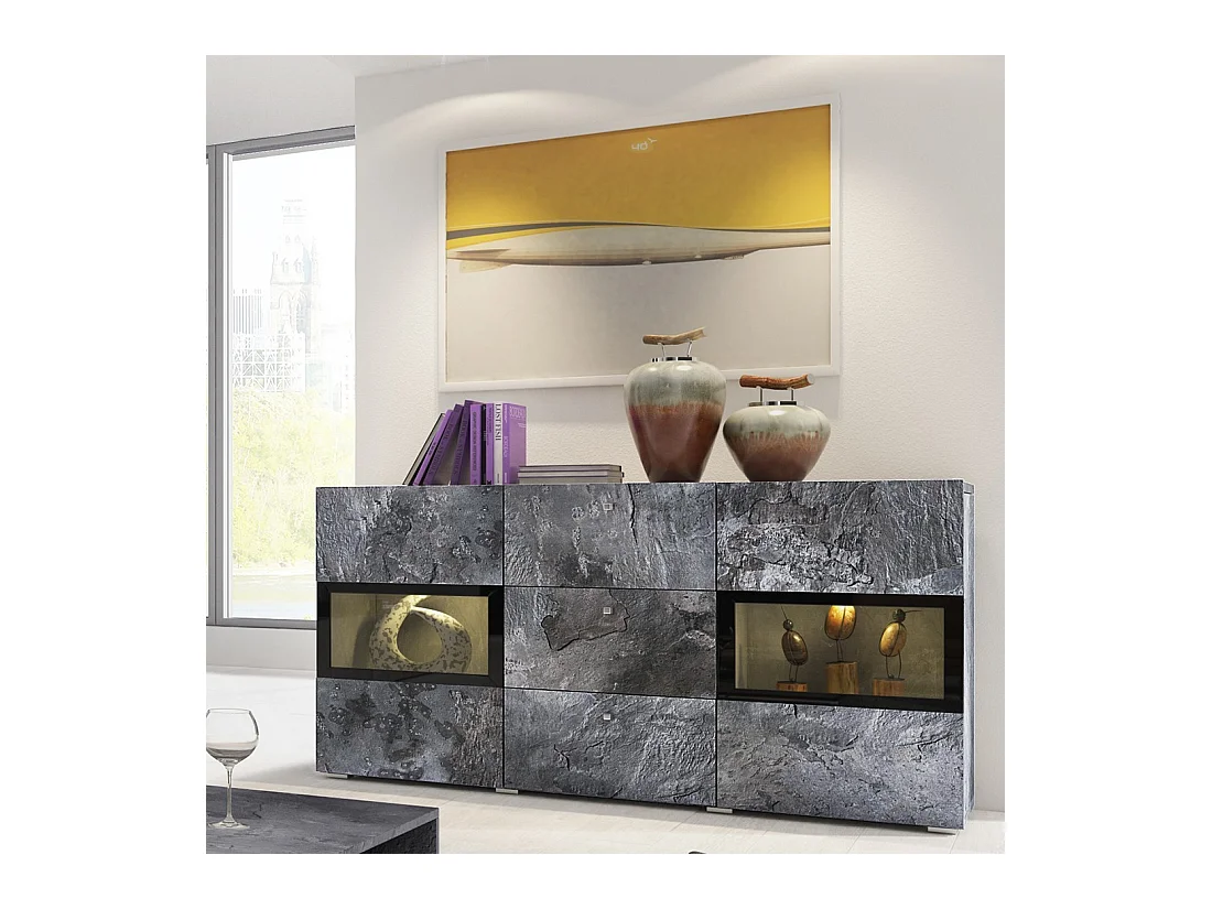 Buffet 130 cm RAMOS – Gris effet ardoise et noir – LED multicolores intégrées – 2 portes vitrées + 3 tiroirs