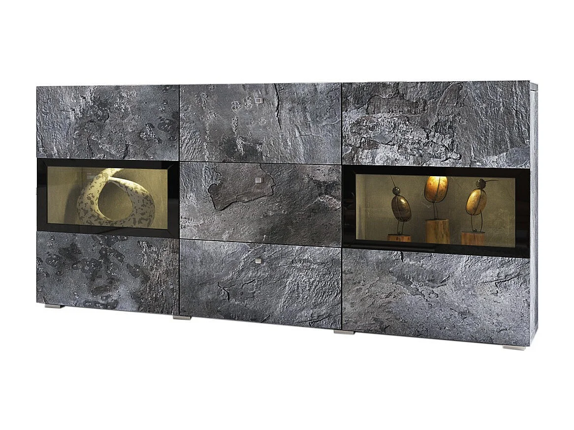 Buffet 130 cm RAMOS – Gris effet ardoise et noir – LED multicolores intégrées – 2 portes vitrées + 3 tiroirs