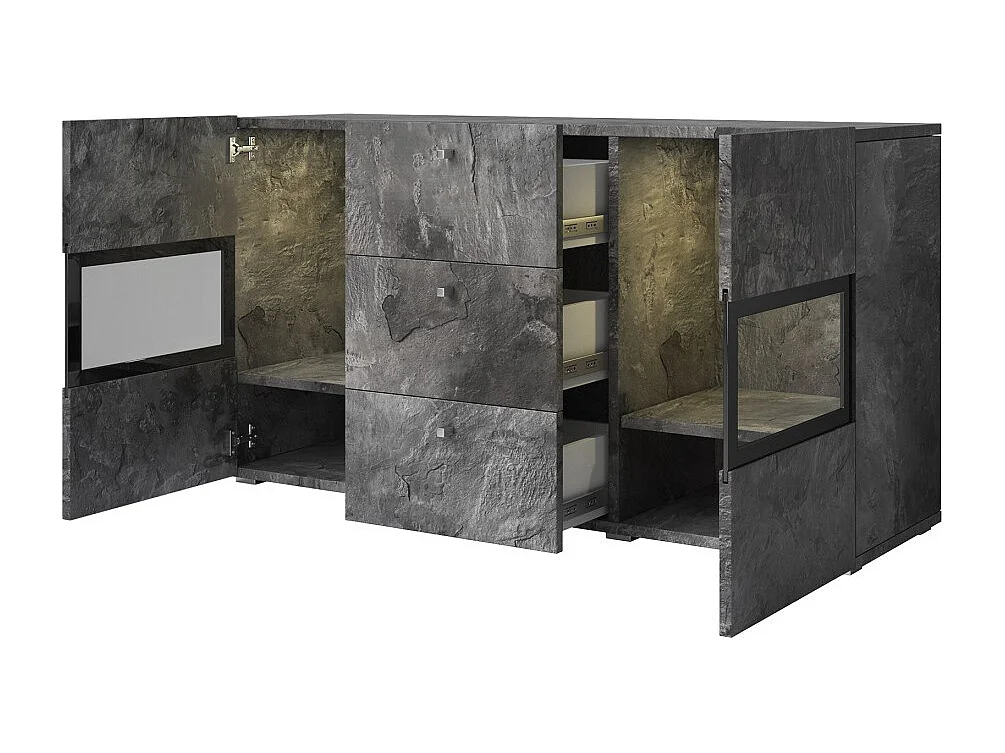 Buffet 130 cm RAMOS – Gris effet ardoise et noir – LED multicolores intégrées – 2 portes vitrées + 3 tiroirs