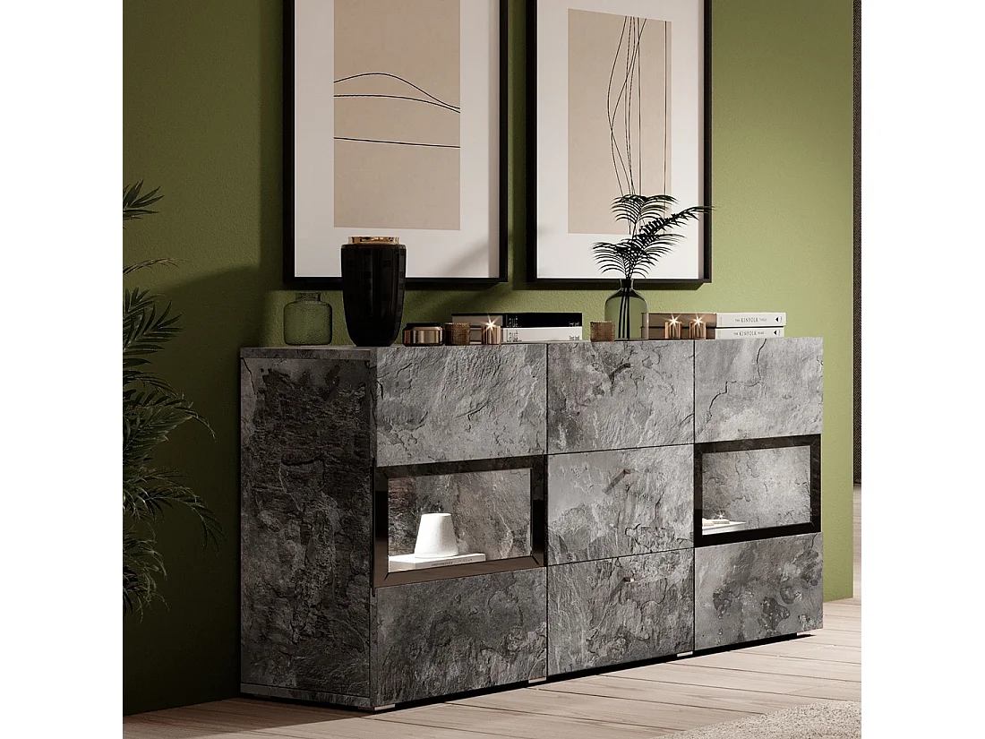 Buffet 130 cm RAMOS – Gris effet ardoise et noir – LED multicolores intégrées – 2 portes vitrées + 3 tiroirs