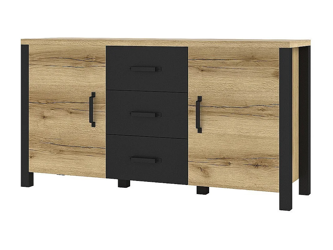 Credenza 150cm collezione DARWIN. Colore rovere chiaro e nero. 2 porte e 3 cassetti.