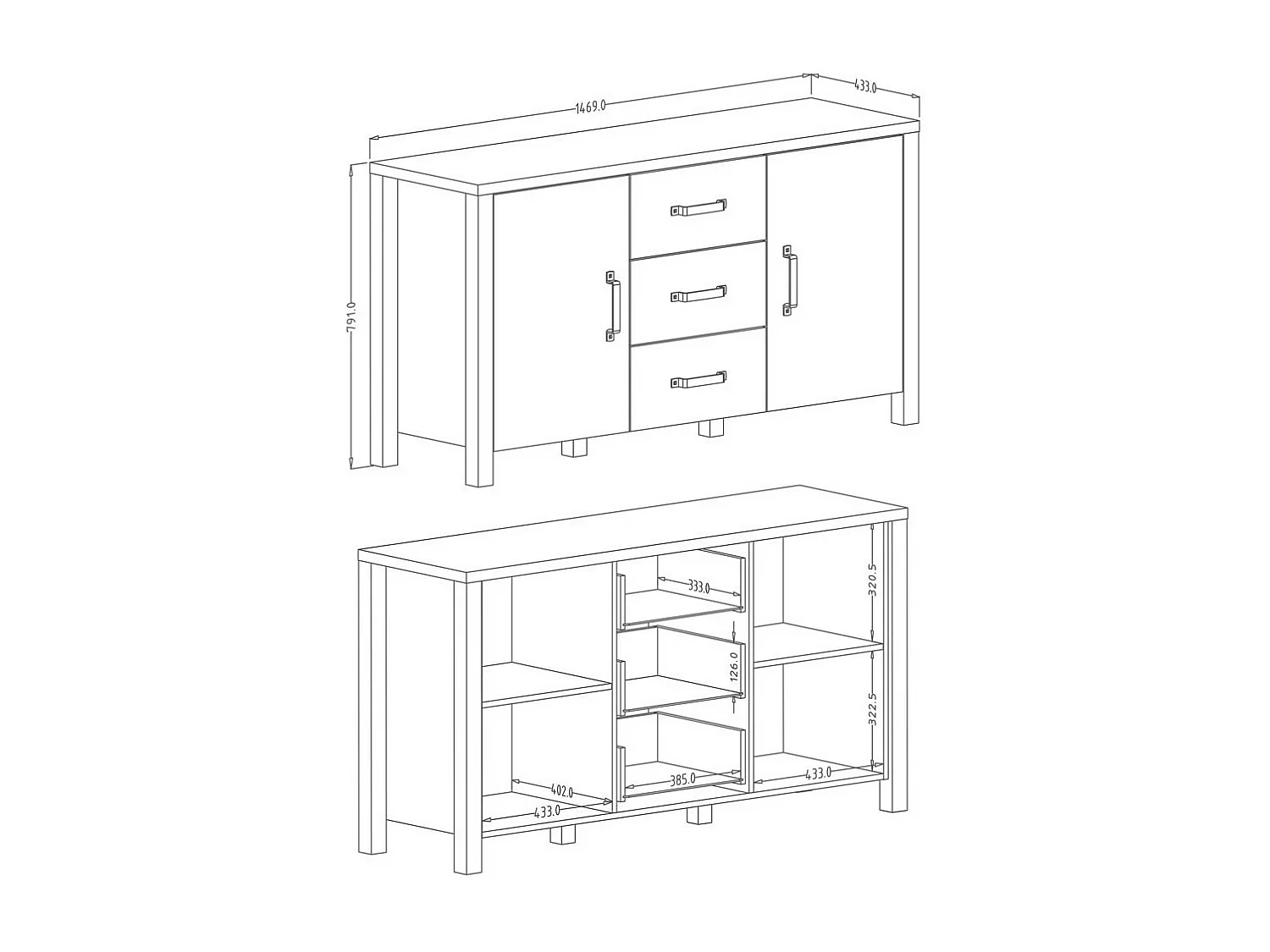 Credenza 150cm collezione DARWIN. Colore rovere chiaro e nero. 2 porte e 3 cassetti.