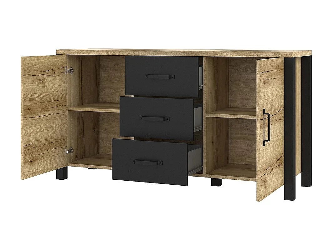 Credenza 150cm collezione DARWIN. Colore rovere chiaro e nero. 2 porte e 3 cassetti.