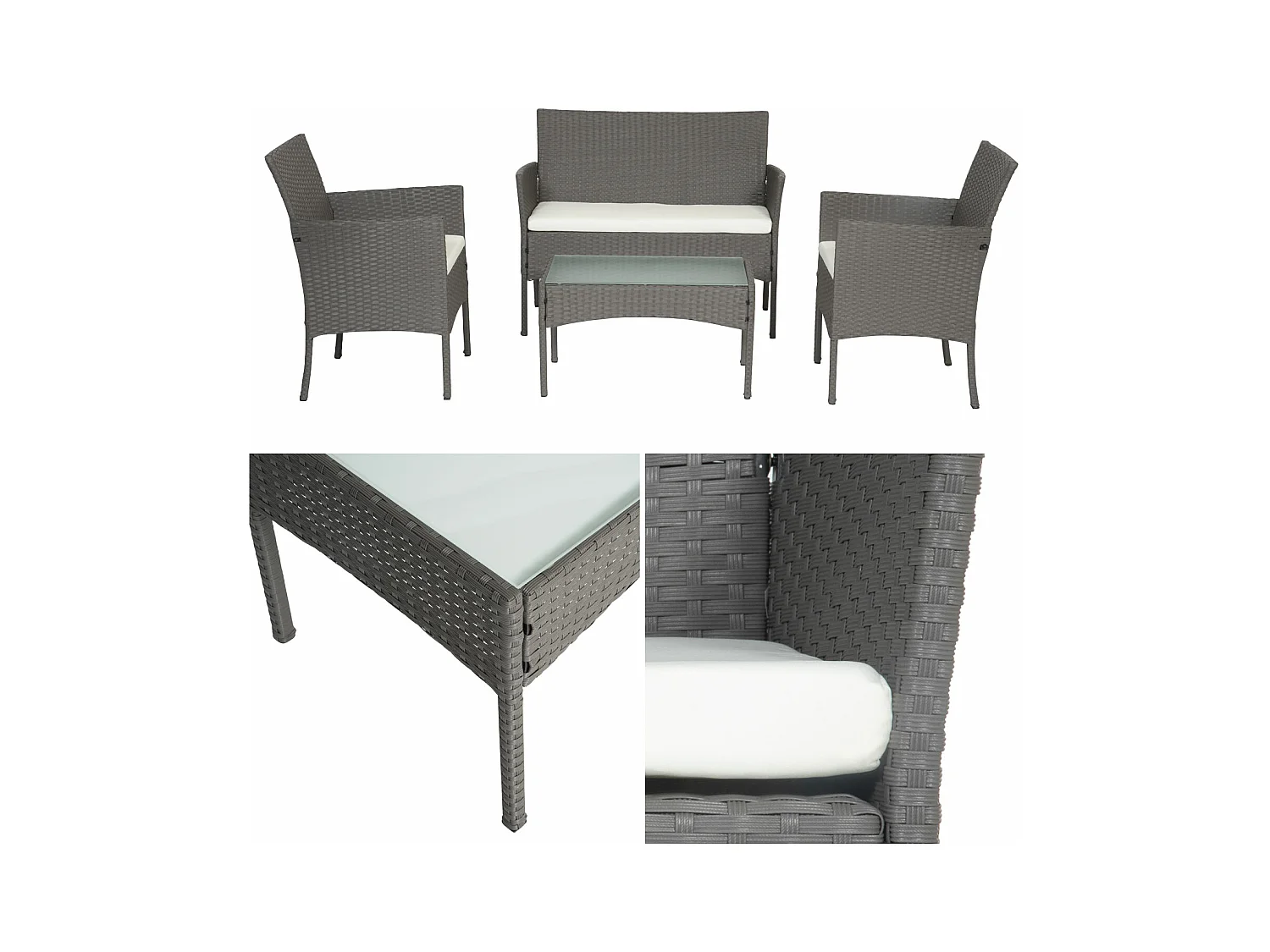 Gartenmöbel CORDOUE aus grauem Harzgeflecht, 4 Sitzplätze - elfenbeinfarbene Kissen