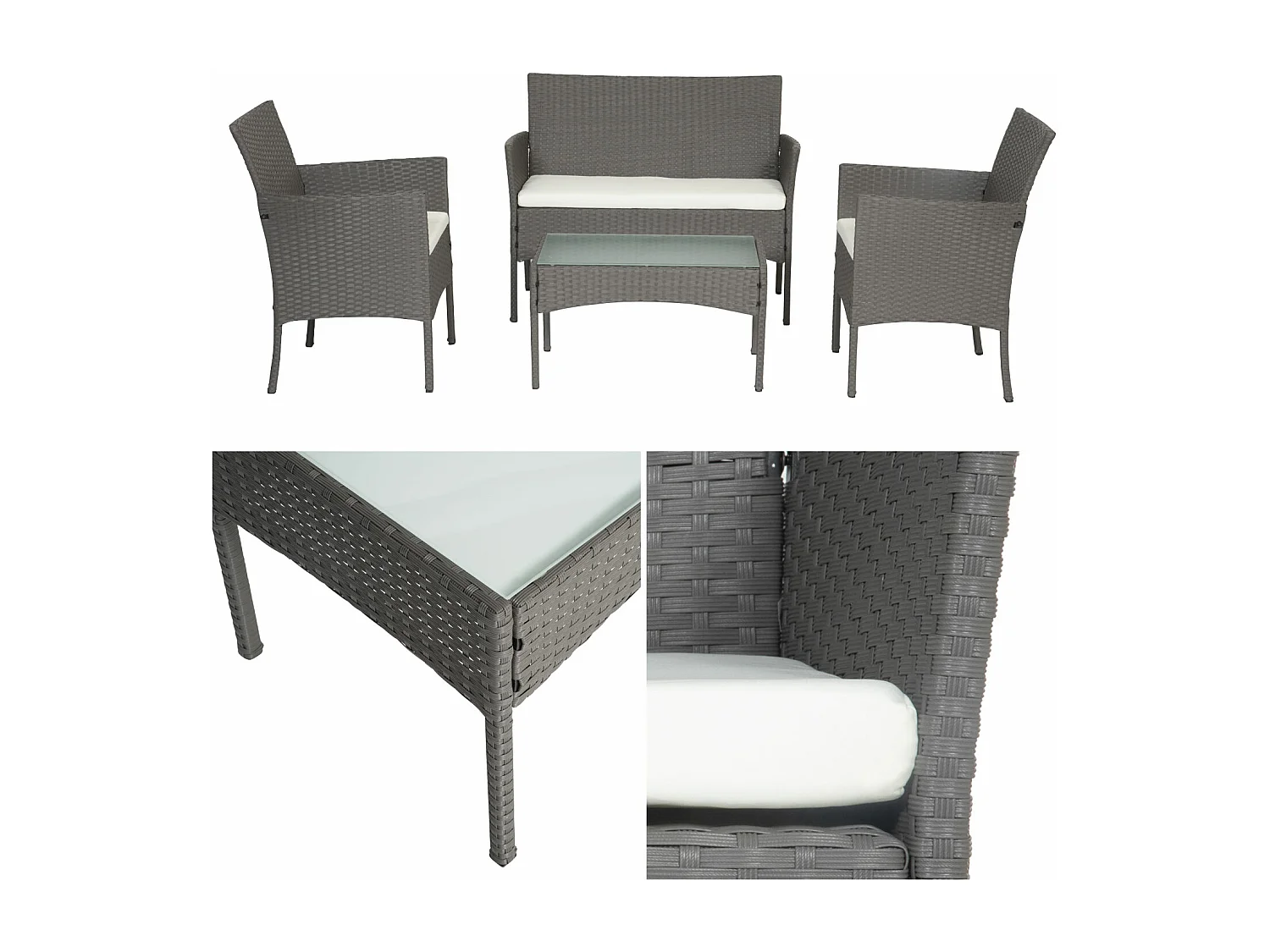 Salon de jardin CORDOUE en résine tressée gris 4 places - coussins ivoire - HAPPY GARDEN