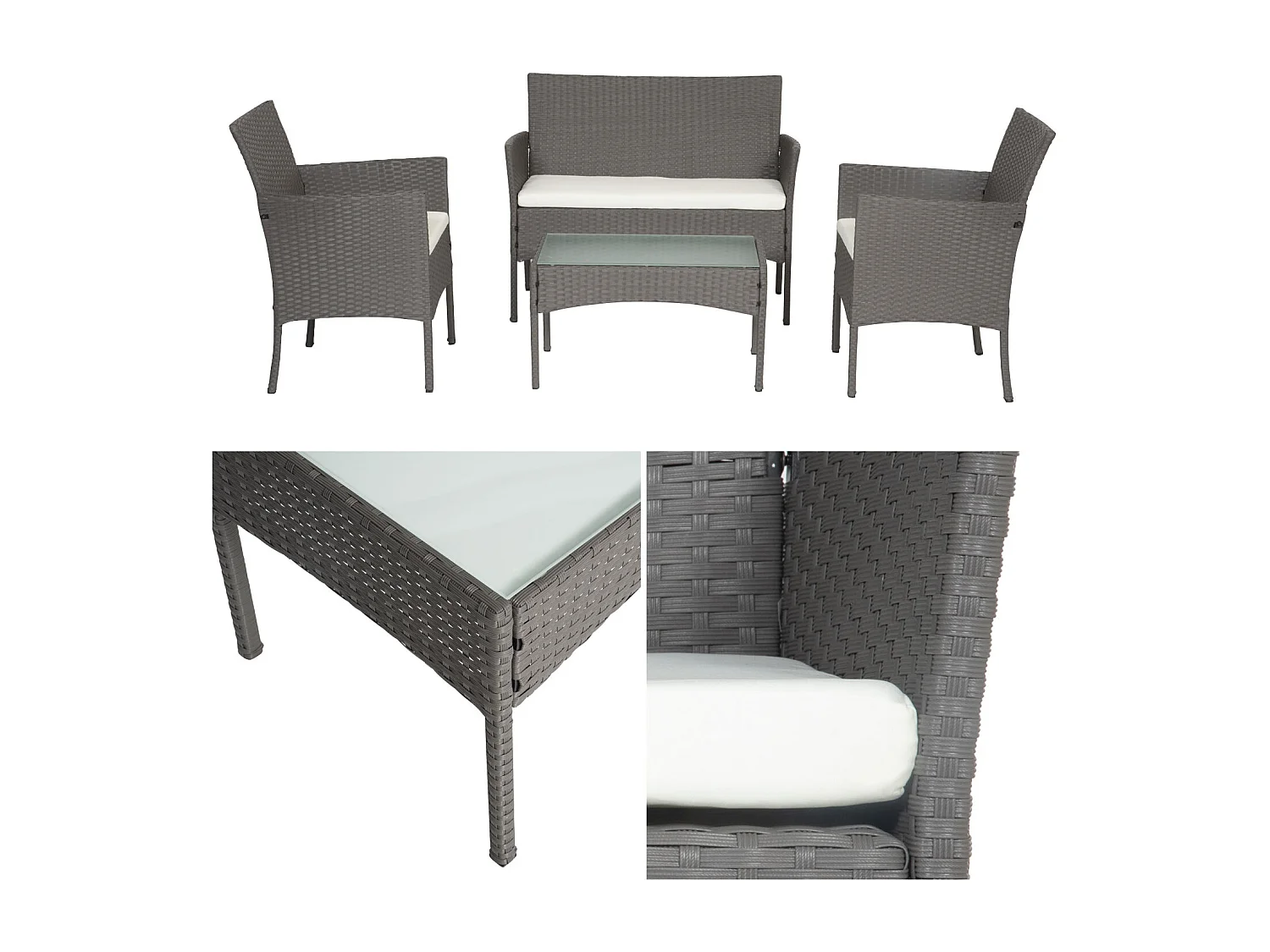 Conjunto de jardín CORDOBA en resina trenzada gris 4 plazas cojines beige