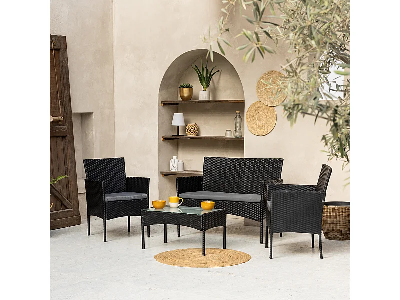 Set di mobili da giardino CORDOUE in resina nera intrecciata 4 posti - cuscini grigi