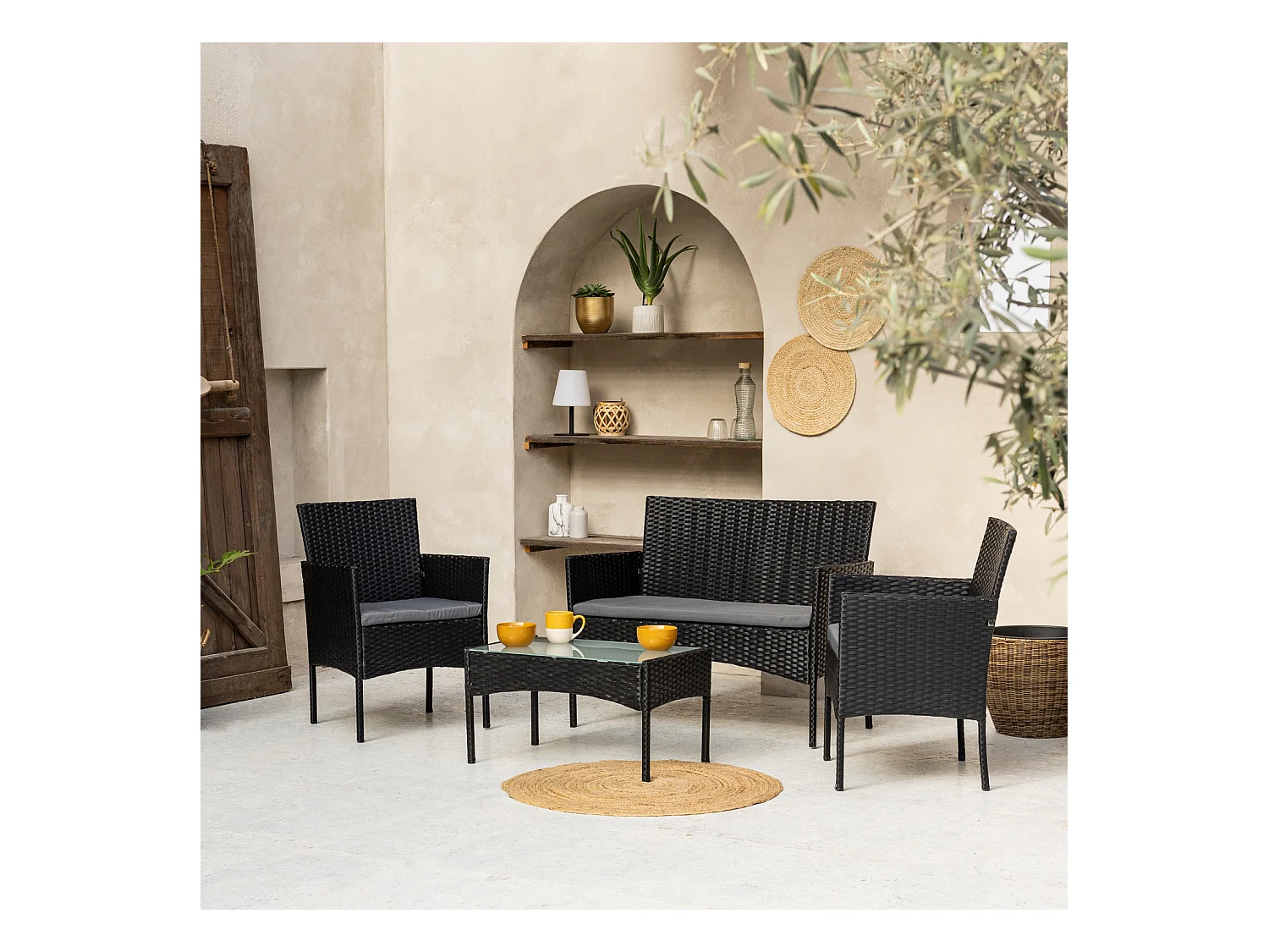 Salon de jardin CORDOUE en résine tressée noire 4 places - coussins gris - HAPPY GARDEN