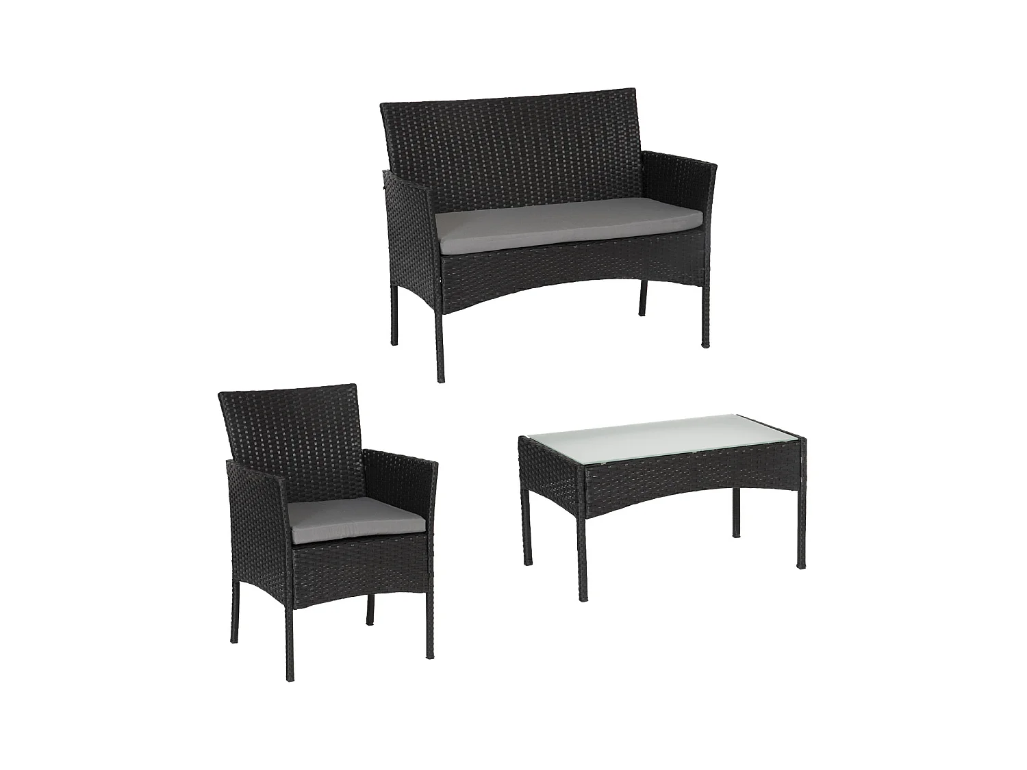 Salon de jardin CORDOUE en résine tressée noire 4 places - coussins gris - HAPPY GARDEN