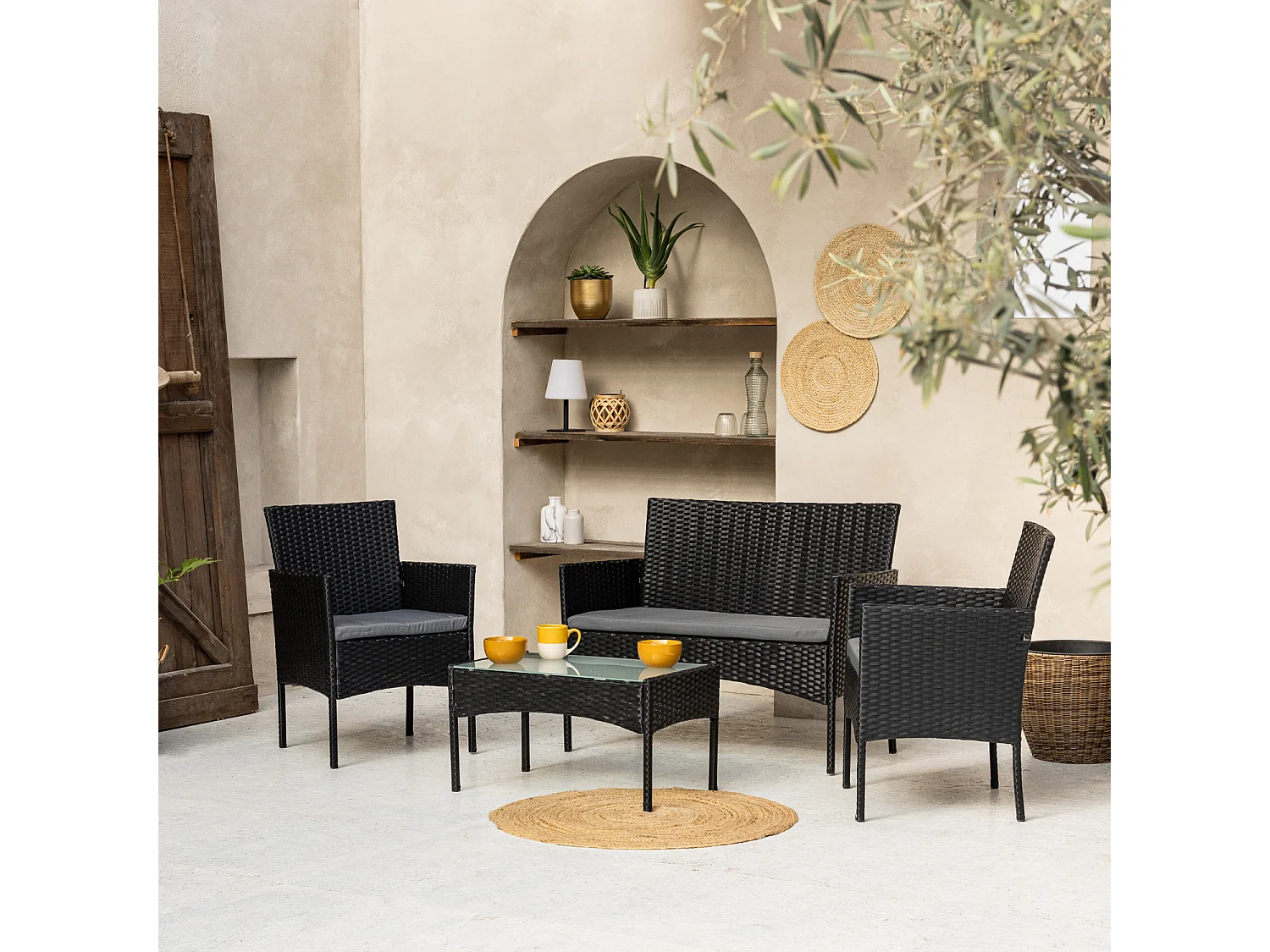 CORDOUE tuinmeubelset in zwart gevlochten kunststof 4 zitplaatsen - grijze kussens